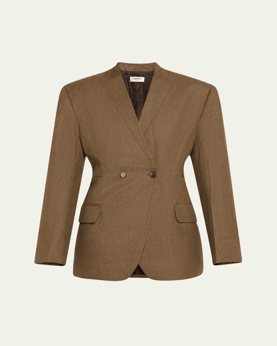 Collarless Double-Breasted Tailored Jacket